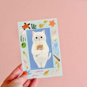 Carte Chat Blanc et Coquillages